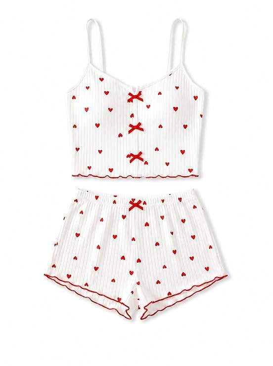 Women's Heart Print Ribbed Cami and Shorts Set, Spaghetti Strap Top with Bow Detail, Soft Lounge and Nightwear, Pink-picture-28