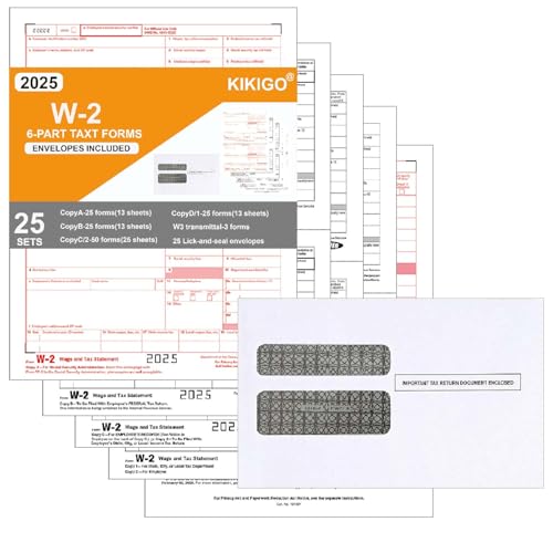W2 Forms 2025, 6 Part Tax Forms, 25 Employee Kit of Laser Forms, 25 Lick-and-Seal Envelopes Included,Compatible with QuickBooks and Accounting Software