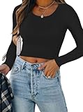 REORIA Women's Fall Casual Basic Long Sleeve Crew Neck Double Lined Crop Tops Y2K Trendy Tight Cropped T Shirts Plus Size Black X-Large