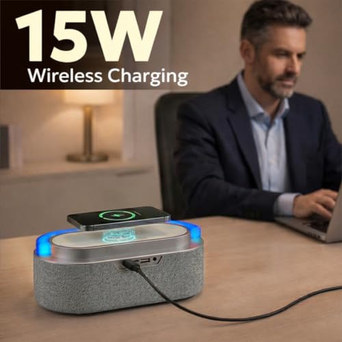 Image of TEMPT Privee Fusion 4-in-1 Bluetooth Speaker, Charger, Clock & Stand, Grey | 16W Sound Output, 15W Wireless Charging, 12 RGB Light Modes, Dual Subwoofers, 7 Hour Playtime, Bright Digital Screen Displays