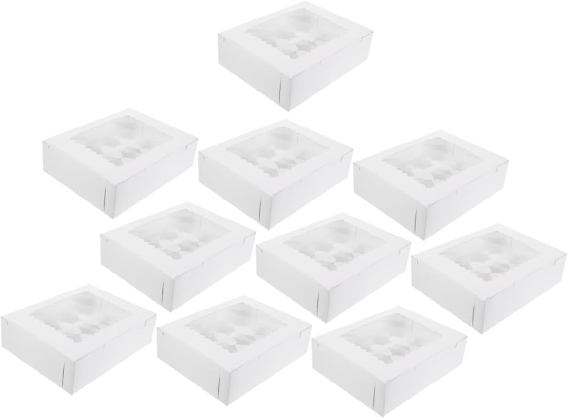 Luxshiny 10 Pcs Paper Bakery Cupcake Boxes with Window, White Cardboard Muffin Cake Packaging Containers for Bakery, Egg Tart and Mousse Storage, Suitable for Party and Food Transport