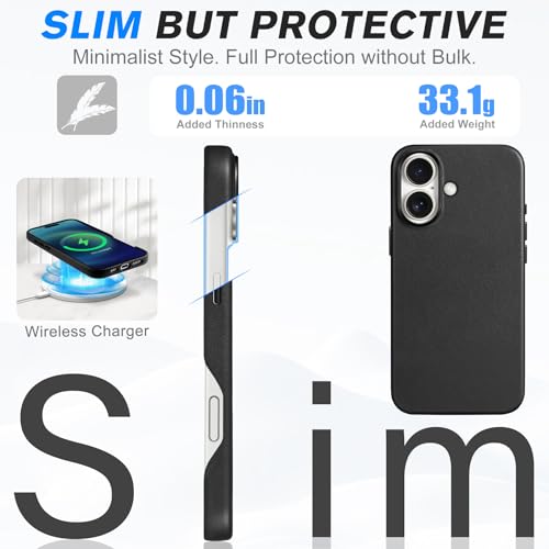 SHIELDON Leather Case for iPhone 16 6.1", Compatible with MagSafe, Genuine Leather/Magnetic Wireless Charging/Anti-Scratch/Non-Slip/Shockproof/Metal Buttons/Camera Bump Frame/Slim Cover - Black - Thumbnail 6