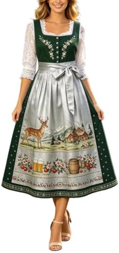 Oktoberfest Damen Kleid,Dirndl‑Kostüm mit Print Trachtenkleid Trägerkleid | Oktoberfest Damen Outfit,Bierfest,Bayerisches Volksfest Partykleid,Midi,Fasching,Karneval und Halloween