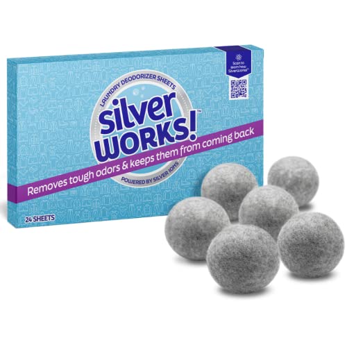 SilverWorks! Wool Dryer Balls Laundry Reusable (6 Pack) + Laundry Odor Eliminator Sheets (24 Pack) - Softens Fabric, Reduces Static