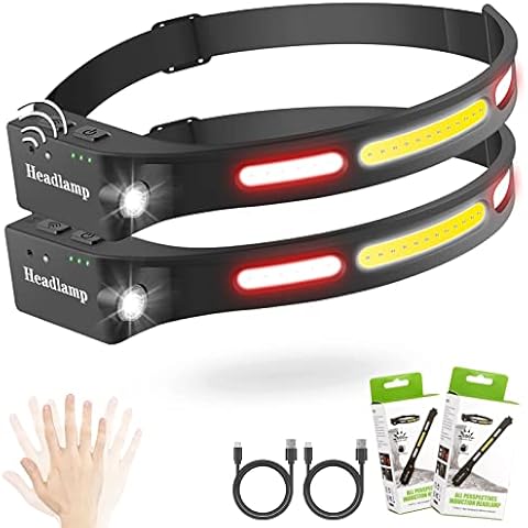 Pack of 2 LED Rechargeable Headlamps, Willcrew 500 Lumens, Super Bright USB COB Head Torch with Motion Sensor, 5 Modes 230° Wide Beam for Outdoor, Camping, Car Repair Cover