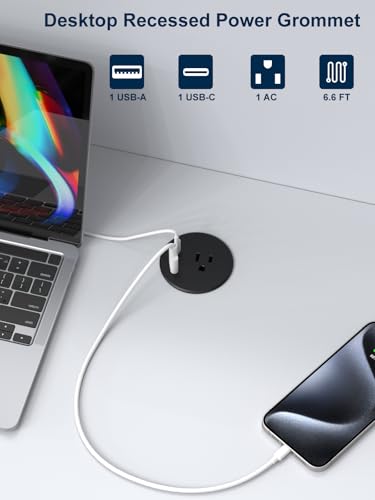 Pasa cables de escritorio de 2.5 pulgadas con 1 toma AC y 20W USB C para hogar y oficina miniatura 2