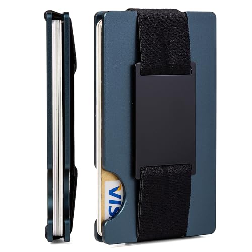 Minimalist Wallet for Men,Slim RFID Blocking Wallet,Durable Expandable Compact Plate, Matel Credit Card Holder,Cash Strap/Money Clip (Matte Navy Blue)
