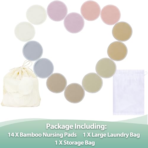Image of wegreeco Nursing Breast Pads (14 Pack) + Laundry Bag & Travel Storage Bag, 4.7 inch Option - Washable & Reusable Breastfeeding Nursing Pads (Sunset, Plain Shape)