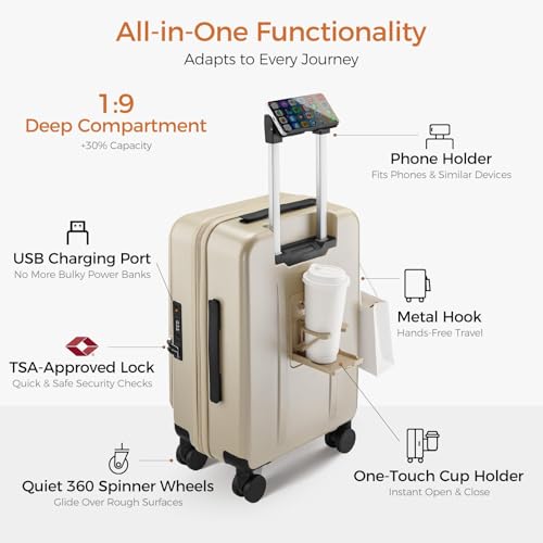 Image of Carry On Luggage Top Opening with Cup Holder & Phone Holder, Expandable PC Hard Shell Suitcase, USB Charging Port, Side Hook, 360 Spinner Wheels, TSA Lock & YKK Zippers for Fathers Day Gift
