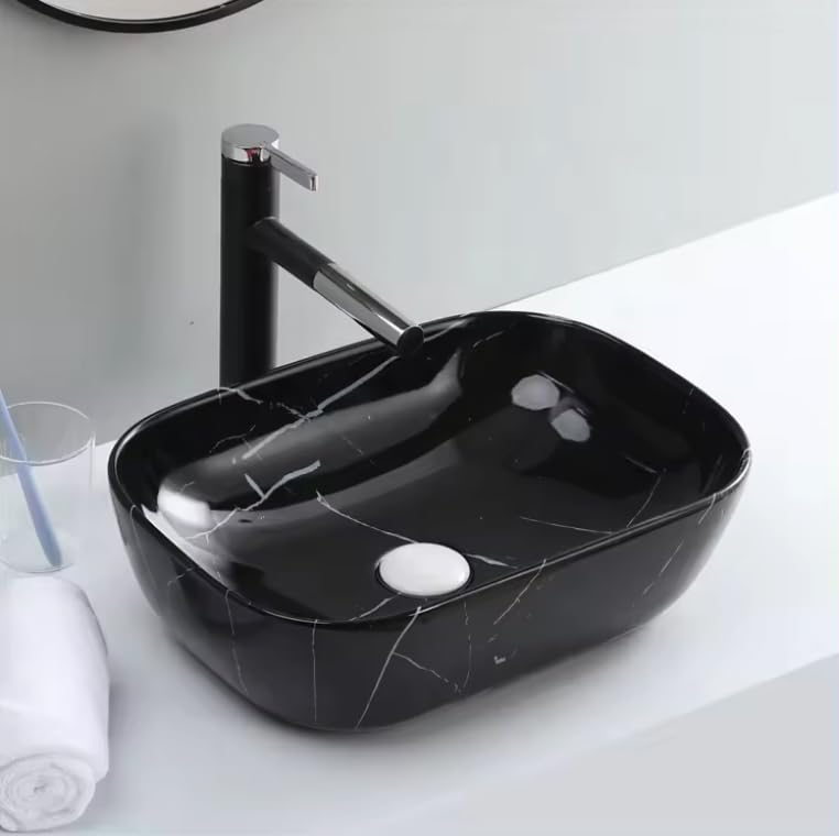LUXART Premium Black Ultra Glossy Ceramic Tabletop Rectangular Black Wash Basin | Countertop Bathroom/Kitchen Sink (13 x 18 x 5 inch) (Black_in_White_Veince) (B0D41R2B3V) Amazon Price History, Amazon Price Tracker