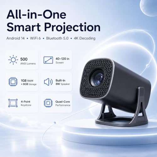 Image of AILKIN |Smart Projector 4K Ultra HD| Supported with Android 14, WiFi 6 & Bluetooth 5.0, 500 ANSI HD 1080P Portable Projector for Room, 120 inch Display, Screen Cast & 8W Speaker