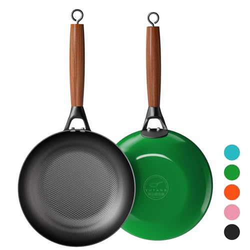 YUTANN Sartén de Hierro Fundido, 20 cm Sartén Antiadherente con Mango de Madera Extraíble, Sin PFAS ni PFOA, Compatible con la Inducción, Horno y Lavavajillas, Fácil de Limpiar