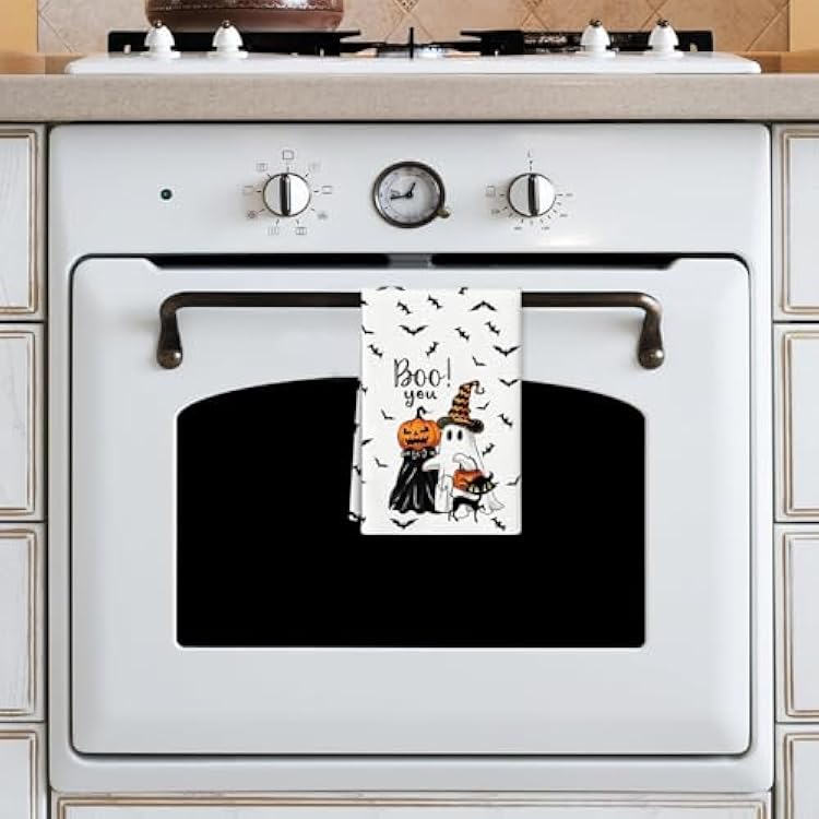 Kitchen Towels Halloween Kitchen Towels Funny Hand Towel for Bathroom Halloween Bathroom Decortions Pumpkin 4 Pcs Bat Ghost Truck Dish Cloths Gift for Home Wall Decor 16x24 Inch(White Black)