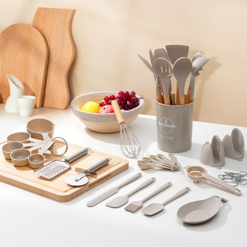 Silicone Kitchen Utensils Set 43 PCS for Cooking, Spatula Set with Wooden Handle, Cookware Nonstick Heat Resistant Kitchen Gadgets. Kitchen Tools with Holder (Khaki) - Image 3