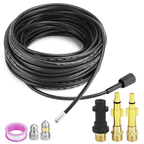QWORK® Manguera para limpieza de tuberías 30M 180bar, desatascador tuberias a presion, incluido adaptador, compatible con serie K K2, K3, K4, K5, K6, K7 Hidrolimpiadora