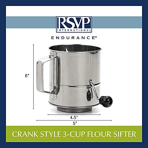 RSVP International Endurance® Stainless Steel Crank Style Flour Sifter, 3 Cup | Sift Flour & Dry Ingredients for Baking | Manual Crank | Dishwasher Safe