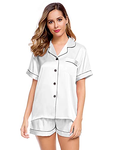 Image of LecGee Womens Silk Satin Pajamas Short Sleeve Loungewear Two-Piece Sleepwear Button-Down Pj Set