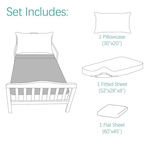 Image of Biloban 3-Piece Toddler Sheet Set Microfiber, Toddler Bedding Set Includes Crib Mattress Sheet, Flat Sheet and Envelope Pillowcase, Silky Soft, Breathable and Lightweight, Grey & Leaf