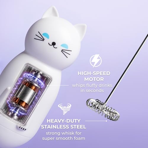 Image of Zulay Kitchen Cat Milk Frother Wand - Cutesy Frother, Meet Your New Frothing Buddy Luna The Cat, Adoption Papers and Stickers Included, Purrr-fect for Lattes, Cappuccino & Matcha - White