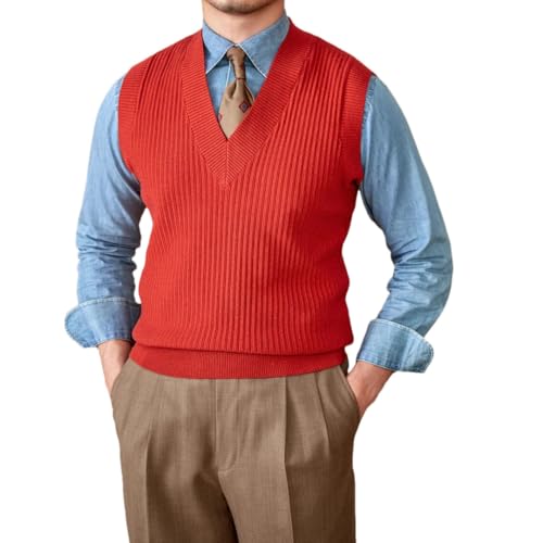 Men’S Casual V-Neck Wool Sweater Vest Striped Thick Slim Fit Sleeveless Pullover