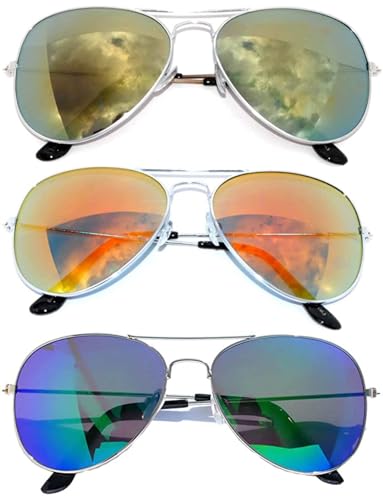 3 pairs Classic Aviator Sunglasses Full Mirror Lens (03 pairs-red-blue-yellow)