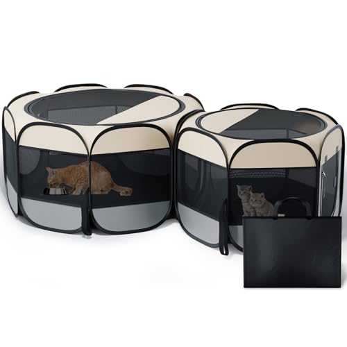 Cat Playpen, 60"x 24" Large Portable Puppy Playpen, 2-Room Foldable Dog Playpen for Indoor Outdoor Dogs, Cats, Small Animals with Carrying Case