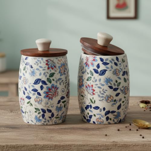Image of Vistas 'Blue Bloom' Set of 2 Airtight 420ml Ceramic Jar for Kitchen Storage | Handcrafted Ceramic Barni with Wooden Lid | Multipurpose Pickle, Spice & Salt Container