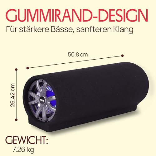 Pyle Bassrolle 250W – Auto Bassröhre mit Bluetooth, Bassreflex Röhrengehäuse, 4 Ohm, 35Hz–800Hz, LED, RCA, Schwarz