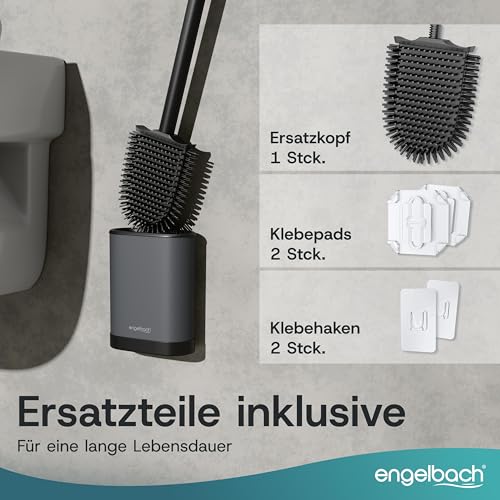 Engelbach® Klobürste Silikon mit Edelstahl Griff & Halter – Antibakterielle Toilettenbürste Wandmontage ohne Bohren – WC Bürste, Toilet Brush inkl. Ersatzbürstenkopf, dunkelgrau