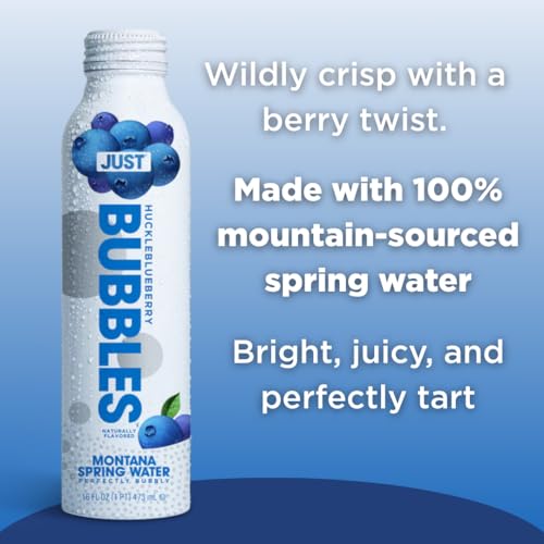Image of JUST Bubbles Huckleblueberry - Pure Premium Sparkling Spring Water in a Fully Recyclable Reusable Eco-Friendly Bottle - 100% Mountain-Sourced Carbonated Water with Naturally Occurring Minerals, 16 Fl Oz (Pack of 12)