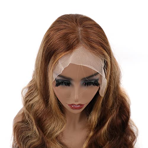 Bly 13X4 Hd Transparent Lace Front Wigs 250% Density Ombre Highlight Human Hair Wig 16 Inch Body Wave Dark Brown To Blonde 4/27 Colored Hair Pre Plucked Glueless Wig For Black Women #TOP3
