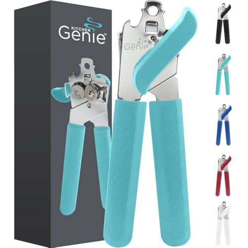 Kitchen Genie Heavy Duty Stainless Steel Manual Can Opener, Strong Blade for Smooth Edge Cuts, Open Cans Easily, Slip-Resistant Ergonomic Handle, Easy Turn Knob, Bottle Openers Included, Teal