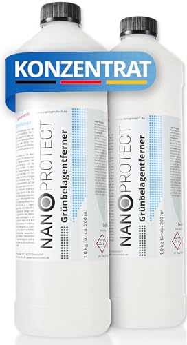 Nanoprotect Grünbelagentferner Konzentrat | 2 x 1 kg für 400 m | Algenentferner und Flächendesinfektion | Kein Hochdruckreiniger nötig | Ideal für Pflastersteine und Gehwege