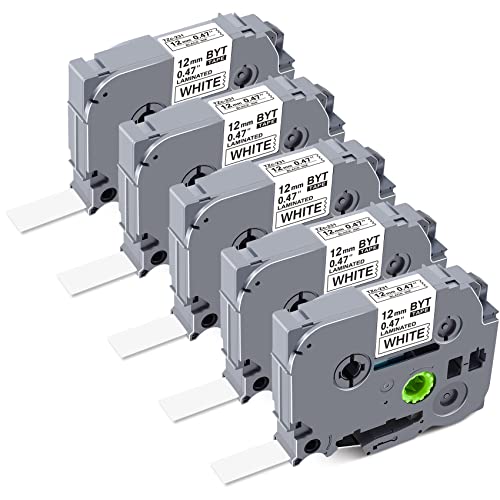 Beyondtek Compatible For Brother Label Maker Refills Tze231 Ptouch Tz Tape 12Mm 0.47 Laminated White For Brother P-Touch Ptd210 Pth100 Ptd400 Ptd600 Label Maker Tape, 26.2 Feet (8M) 5-Pack #TOP2