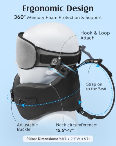 Image of YFONG Travel Pillow with Head Support & Sleep Mask for Long Flights, Grey | Patented 360 Support System, Prevents Bobbing, Airplane Head Strap, 3D Eye Mask, Memory Foam Neck Pillow, Travel Essential