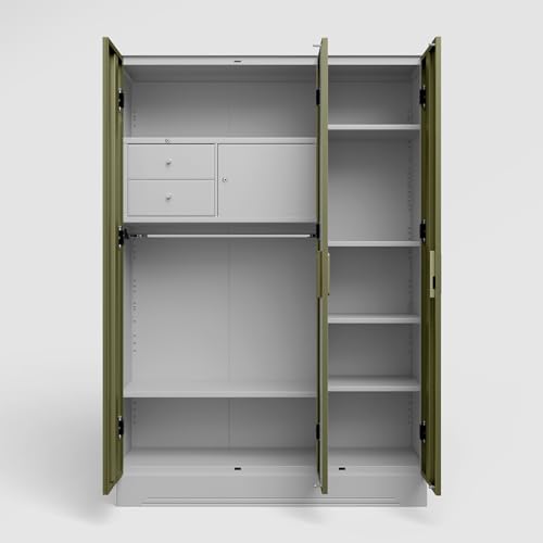 Image of GODREJ INTERIO Almirah Slimline 3-Door Steel Almirah, Cupboard for Clothes (Royal Ivory and Olive Branch), 1-Year Warranty, 6 Shelves, 1 Locker, 2 Drawers, Star Design Mirror