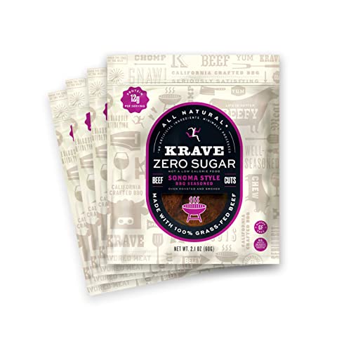 KRAVE Zero Sugar Beef Jerky, Sonoma Style BBQ - All Natural 100% Grass Fed Beef - Protein Packed Keto Snacks Roasted for Maximum Flavor - Gluten Free - 2.1 Ounce (Pack of 4)