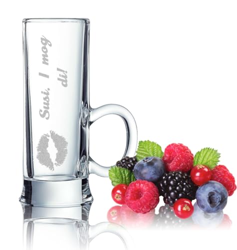 Schnapsglas mit Henkel mit Gravur - individuell graviert Wunschtext - Pinnchen mit Henkel zum Umhängen - Schnapsgläser Hochzeit - personalisierte Geschenkidee Shotglas ca. 55ml Männergeschenk