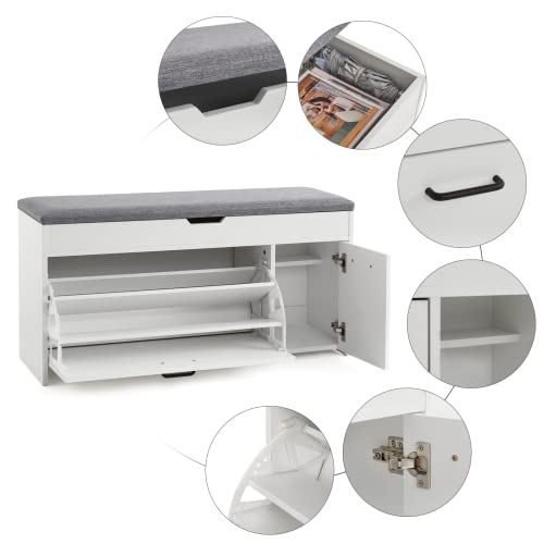 Meerveil Shoe Bench with Seat, Shoe Bench with Storage and Flip-up Drawer, Wooden Industrial Style for Hallway Entryway, W100 x H52 x D30 cm, White - Cosy Home Interiors Meerveil Shoe Bench with Seat, Shoe Bench with Storage and Flip-up Drawer, Wooden Industrial Style for Hallway Entryway, W100 x H52 x D30 cm, White - Image 5