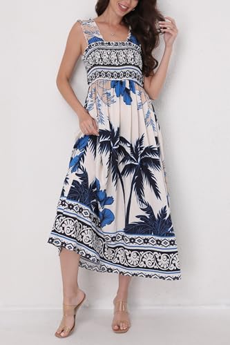 Image of Women Summer Boho Maxi Dress Casual Hawaiian Sleeveless Square Neck Beach Vacation Dresses