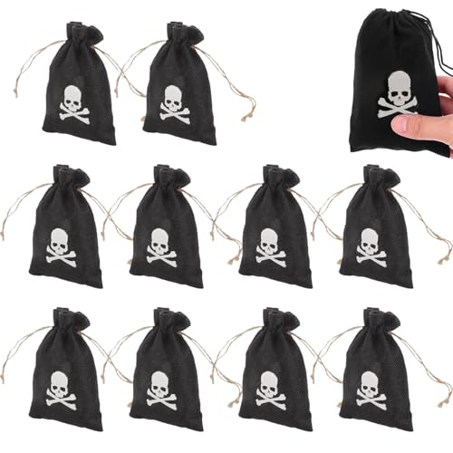 Sacs de Pirate D'halloween - Crâne Cadeau Organisateur, Lot de 10 Avec Cordon de Serrage, 10x15cm, Monnaie et Pochettes de Bonbons