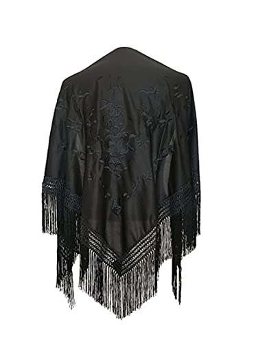 AMINA Black Flamingo Shawl with Fringe - Black Embroidery on One Side - Large Size 190 x 90 cm