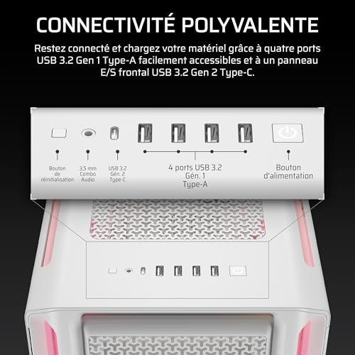 Corsair iCUE Link 5000T LX RGB Boîtier PC ATX de Taille Moyenne – 3X Ventilateurs LX120 RGB Préinstallés, Bandes Lumineuses RGB Aurora Intégrées, Intérieur Spacieux, Hub du iCUE Link Inclus – Blanc