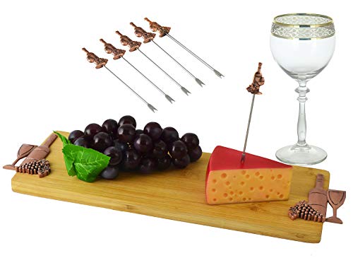 Ebros Decorative Bamboo Wooden Cheese Board 16\" By 5\" With 6 Stainless Steel Cutlery Picks Gift Set Idea for Birthdays Wedding Registry Housewarming Women (Copper Wine And Grapes)