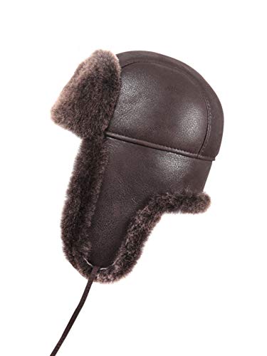 Zavelio Unisex Shearling Sheepskin Leather Aviator Russian Ushanka Trapper Winter Fur Hat X-Large Brown - Thumbnail 2