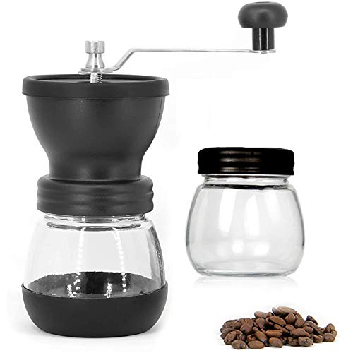 Manual Coffee Bean Grinder, Adjustable Coarseness Ceramic Mill, Hand Held Coffee Mill, with Two Glass Jars Compact Crank for Home, Office & Travelling