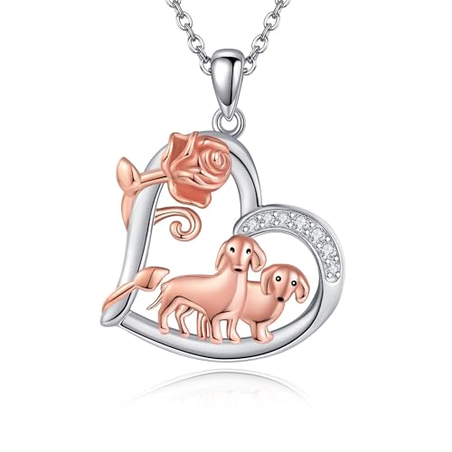 YAFEINI Dachshund Necklace 925 Sterling Silver Heart Rose Flower Dachshund Pendant Chain Dog Jewelry Valentine's Day Gifts for Women Wife