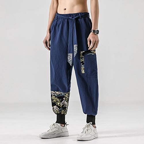 Seidarise Men's Linen Harem Pants Casual Baggy Cotton Solid Color Loose Frog Button Elastic Waist Pocket2