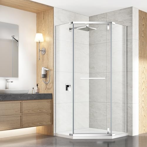 Wenore Home Neo-Angle Shower Door with Silver Frame, 34 in. W x 73 in. H Corner Shower Enclosure with 5/16\"(8mm) Clear Tempered Glass, Pivot Shower Doors with Brushed Nickel Finish