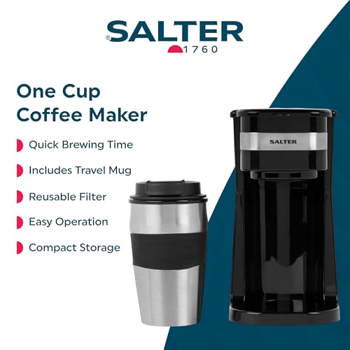 Salter One Cup Coffee Maker – Filter Coffee Machine, Washable & Reusable Filter, Includes 420ml Stainless Steel Travel Mug, Brew Coffee To Go In 3-4 Minutes, Suitable For Ground Coffee/Pads - Image 3